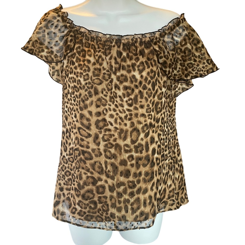 Womens Chic Off Shoulder Leopard Print Metallic Ruffle Top Size XS Lined Boho